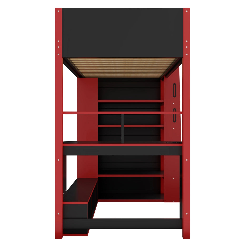 Letto a soppalco 90x200 cm con scrivania; LED e scala contenitore nero e rosso HOMVRA