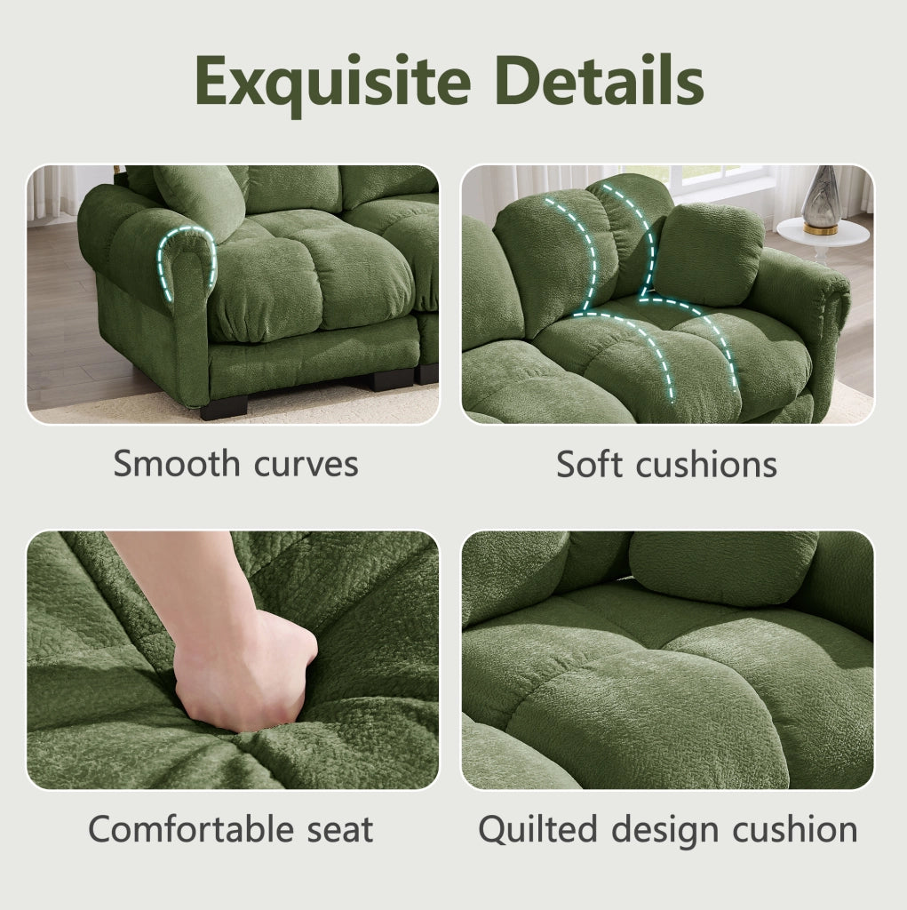 Divano angolare modulare 2 posti in chenille verde con pouf mobile e cuscini spessi