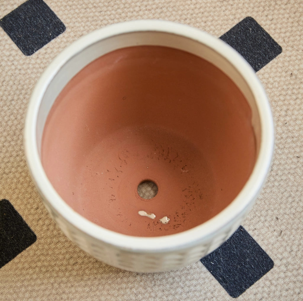 Set di 3 vasi in ceramica fatti a mano, smalto lucido crema con rilievo a cialda triangolare, Ø 38/30,5/23 cm, con foro di drenaggio, resistenti al gelo per interno e balcone