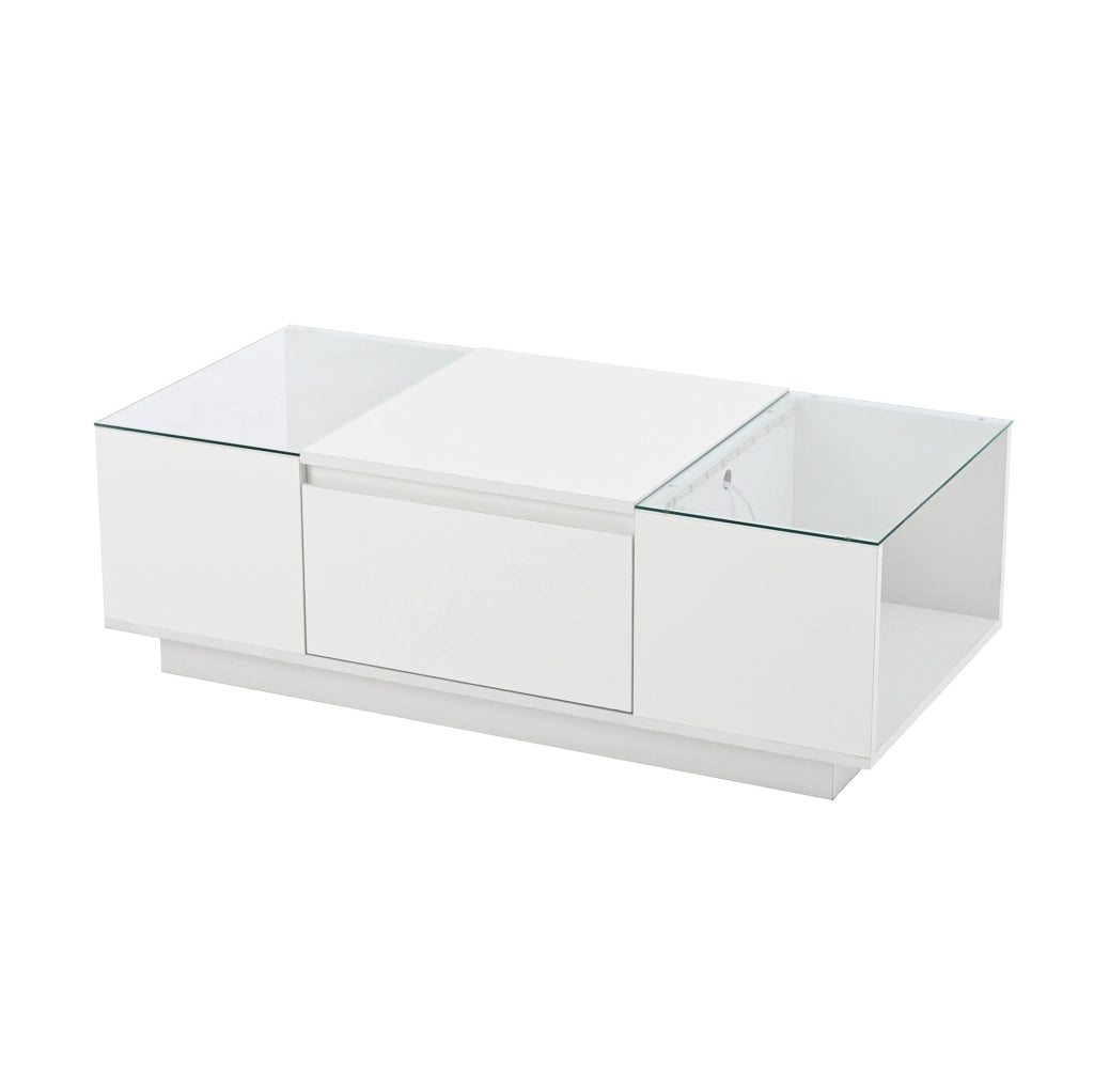 Tavolino moderno bianco 105x50x35 cm con ripiani in vetro, LED RGB e 2 cassetti