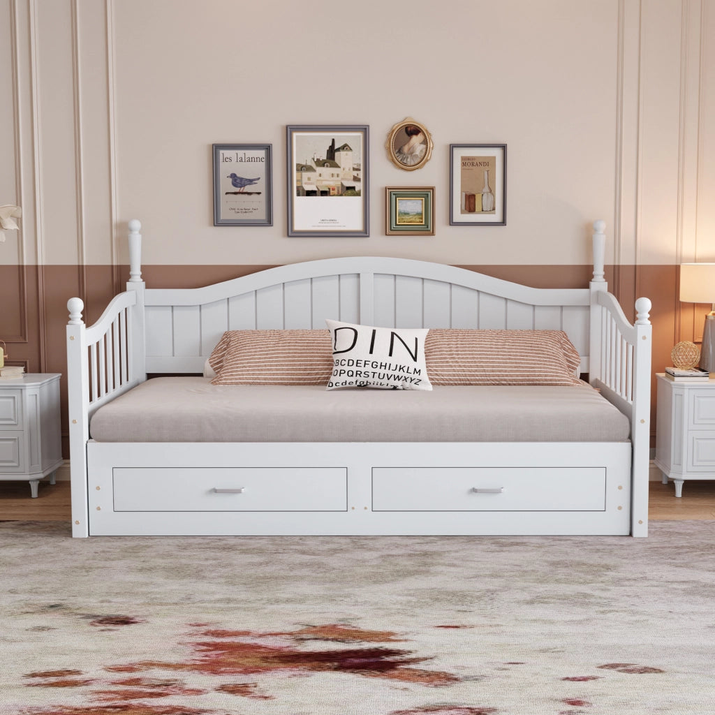 Letto estraibile singolo 90×190 cm e 180×190 cm con 2 cassetti e rete; senza materasso; legno; bianco
