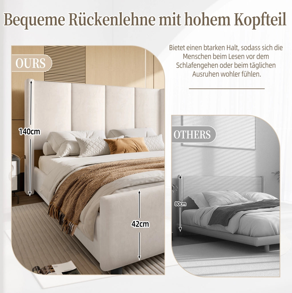 Letto imbottito 140 x 200 cm beige con testiera alta e porte USB/Type-C