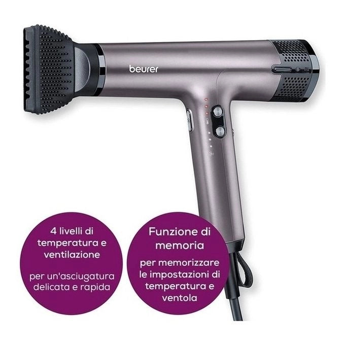Beurer Asciugacapelli HC 100, Phon Potente da 1700 W per un'Asciugatura Rapida e Delicata e Acconciatura Precisa, 4 Livelli di Temperatura e Ventola, Bocchetta per Styling e Diffusore