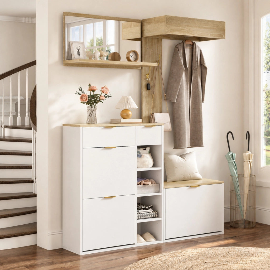 Set guardaroba da ingresso 4 pezzi con scarpiera; panca e specchio; 130 ¡Á 30 ¡Á 174 cm; bianco/naturale