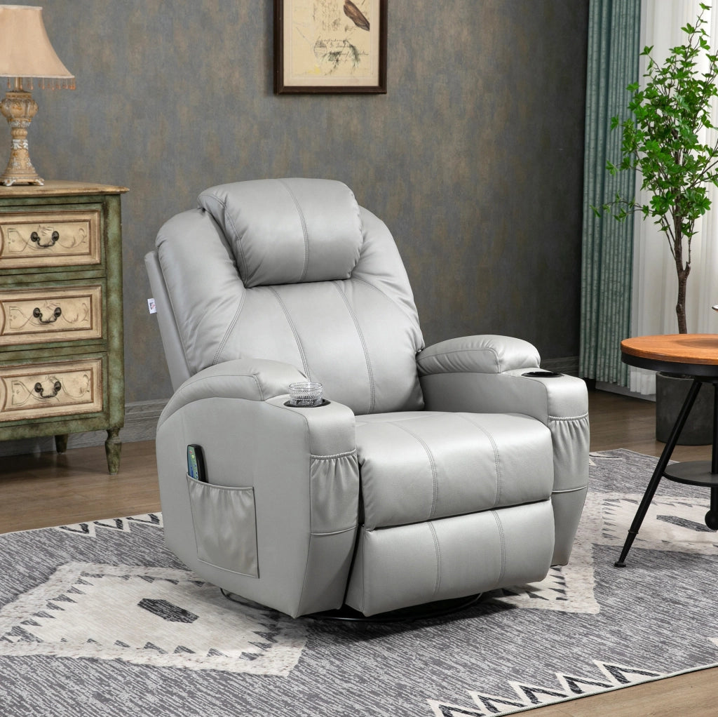 Poltrona Relax con Massaggio a 8 Punti Vibranti, 5 Modalità, Funzione Letto, Rivestimento in Pelle Sintetica Grigio Chiaro, Portata 150 kg
