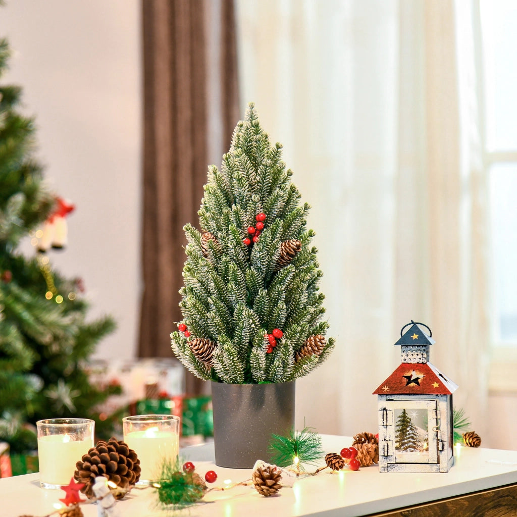 Albero di Natale da tavolo innevato con 170 rami, bacche e pigne, vaso grigio in plastica, Ø 27 × 47 cm
