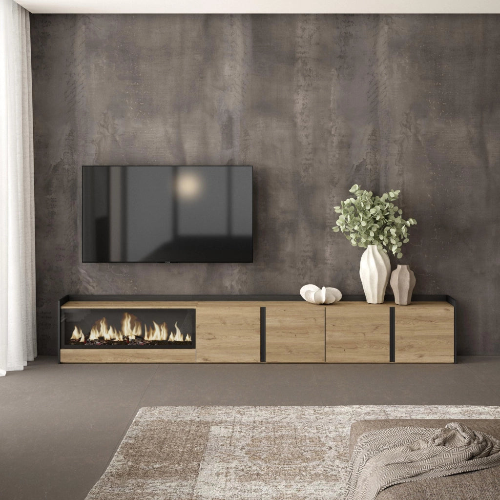 Mobile TV Soggiorno, 315x50x35 cm, Per TV fino a 80", Camino elettrico XXL, Rovere e nero