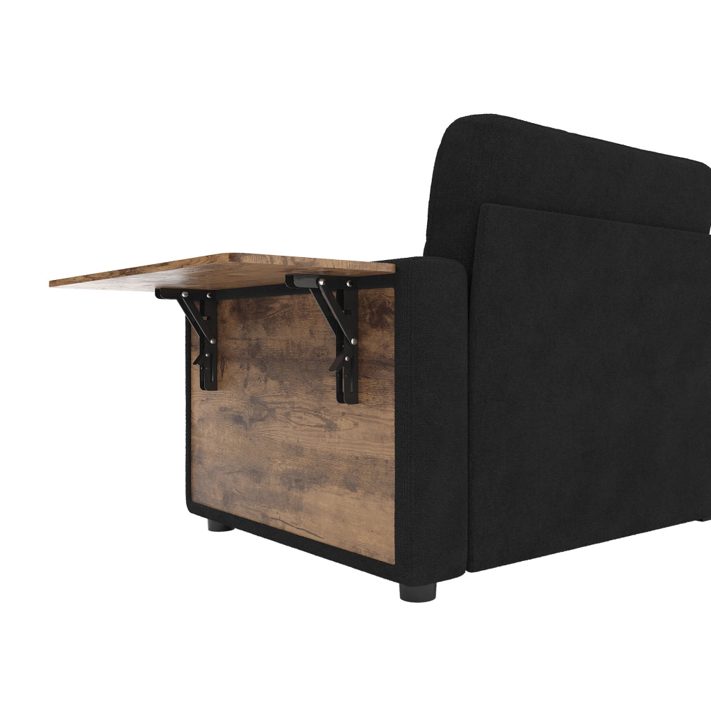 Divano a due posti in chenille nero con tavolino estraibile, cassetti contenitori e portabicchieri, 178x71x57,5 cm