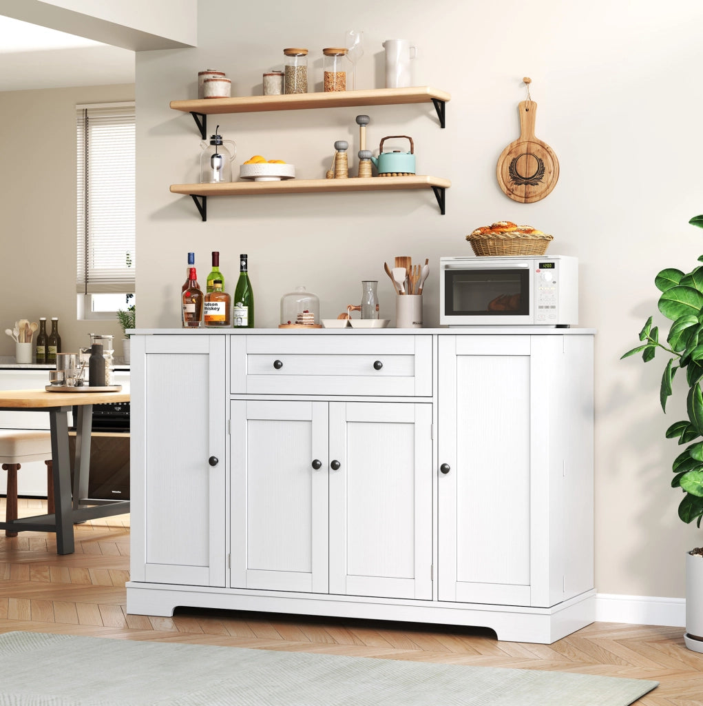 Credenza da cucina bianca 138 cm in MDF con cassetto, ante e ripiani regolabili