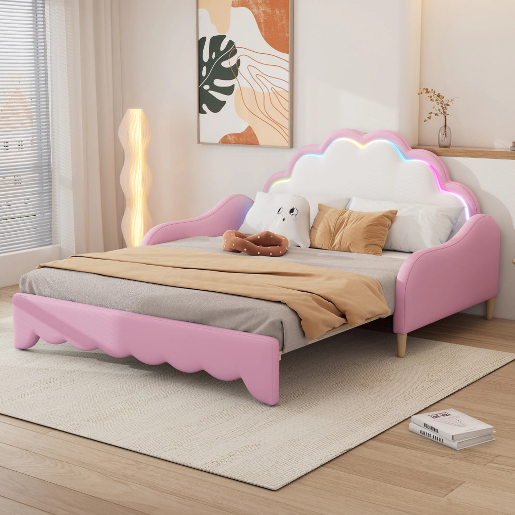 Letto matrimoniale 140×198 cm trasformabile in divano con LED regolabile; senza materasso; PU e MDF; rosa