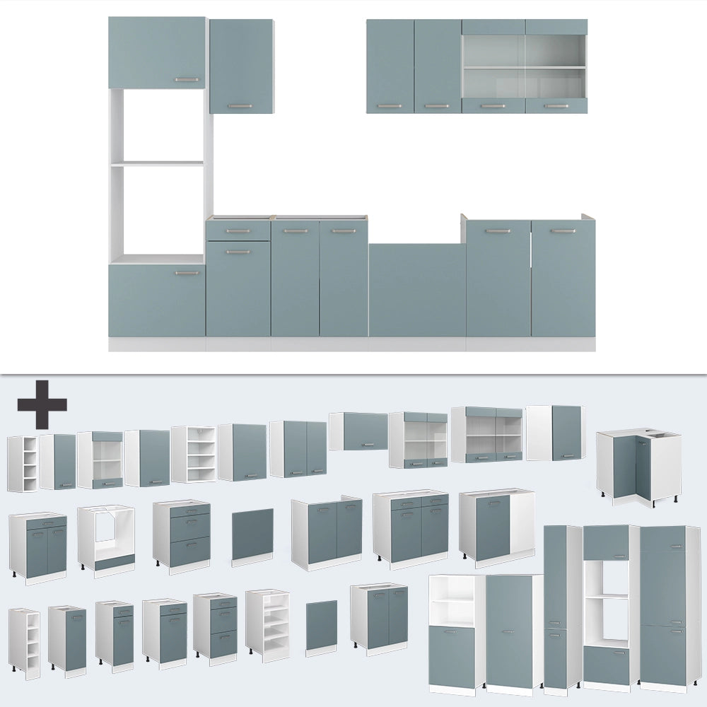 Vicco Cucina componibile Grigio-blu 300 cm con armadio alto, senza piano di lavoro