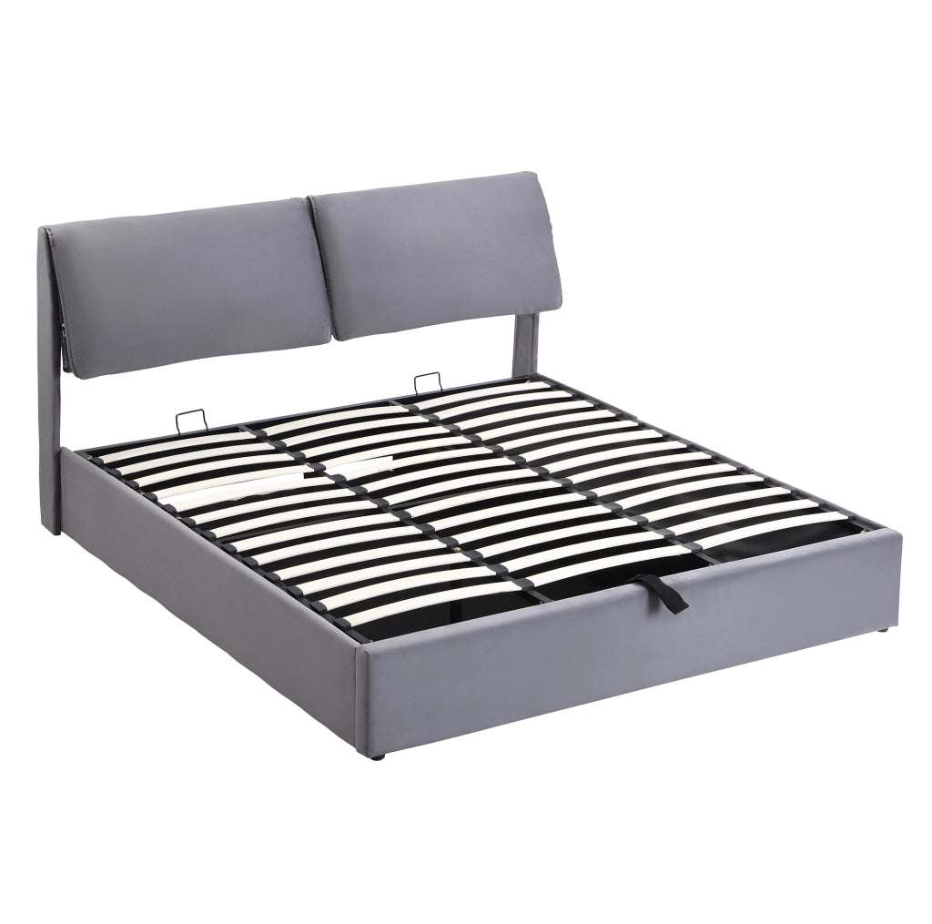Letto imbottito grigio in velluto 160x200 con contenitore, 3 cassetti e rete a doghe, senza materasso