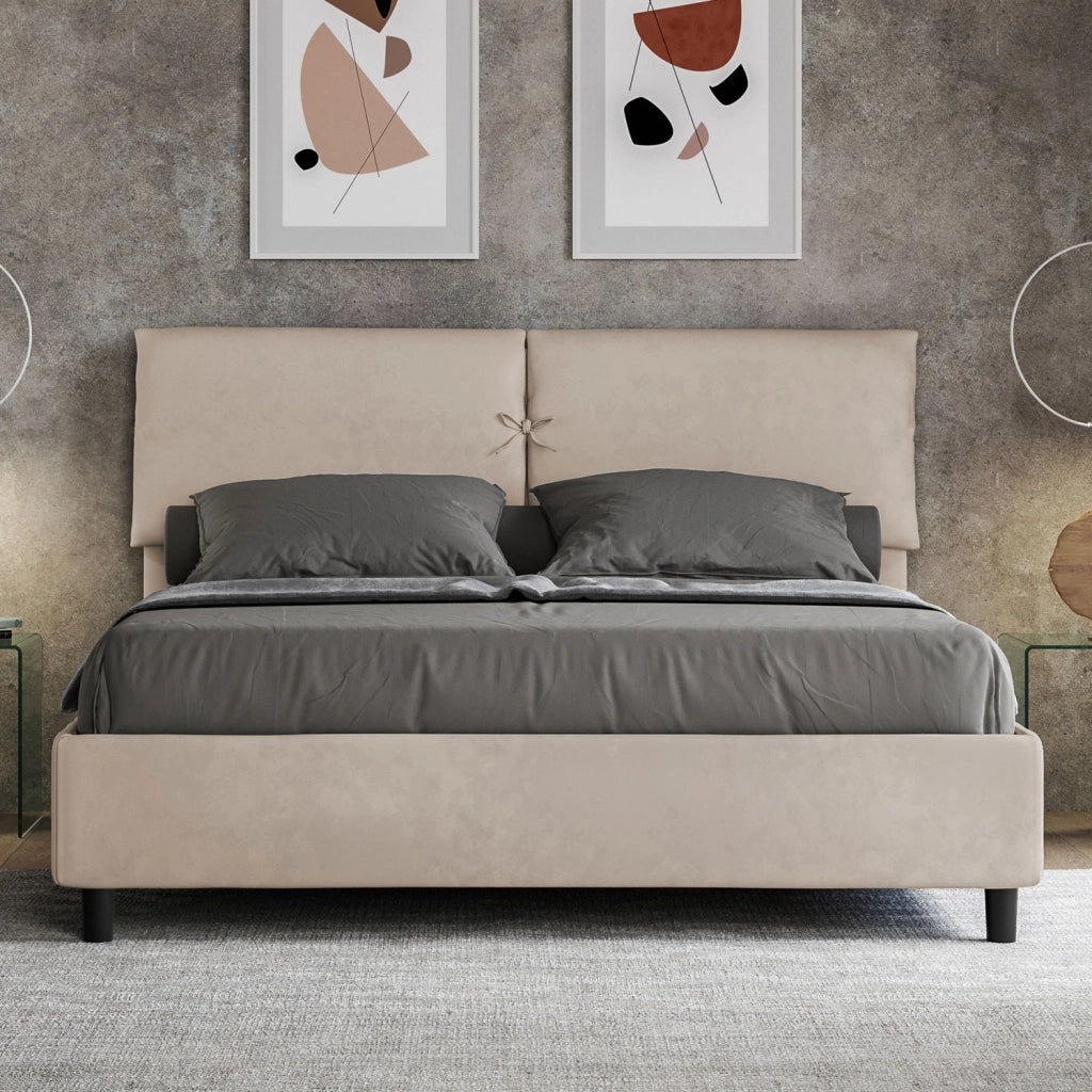 BS COM Letto matrimoniale con rete imbottito 160x190 microfibra sabbia