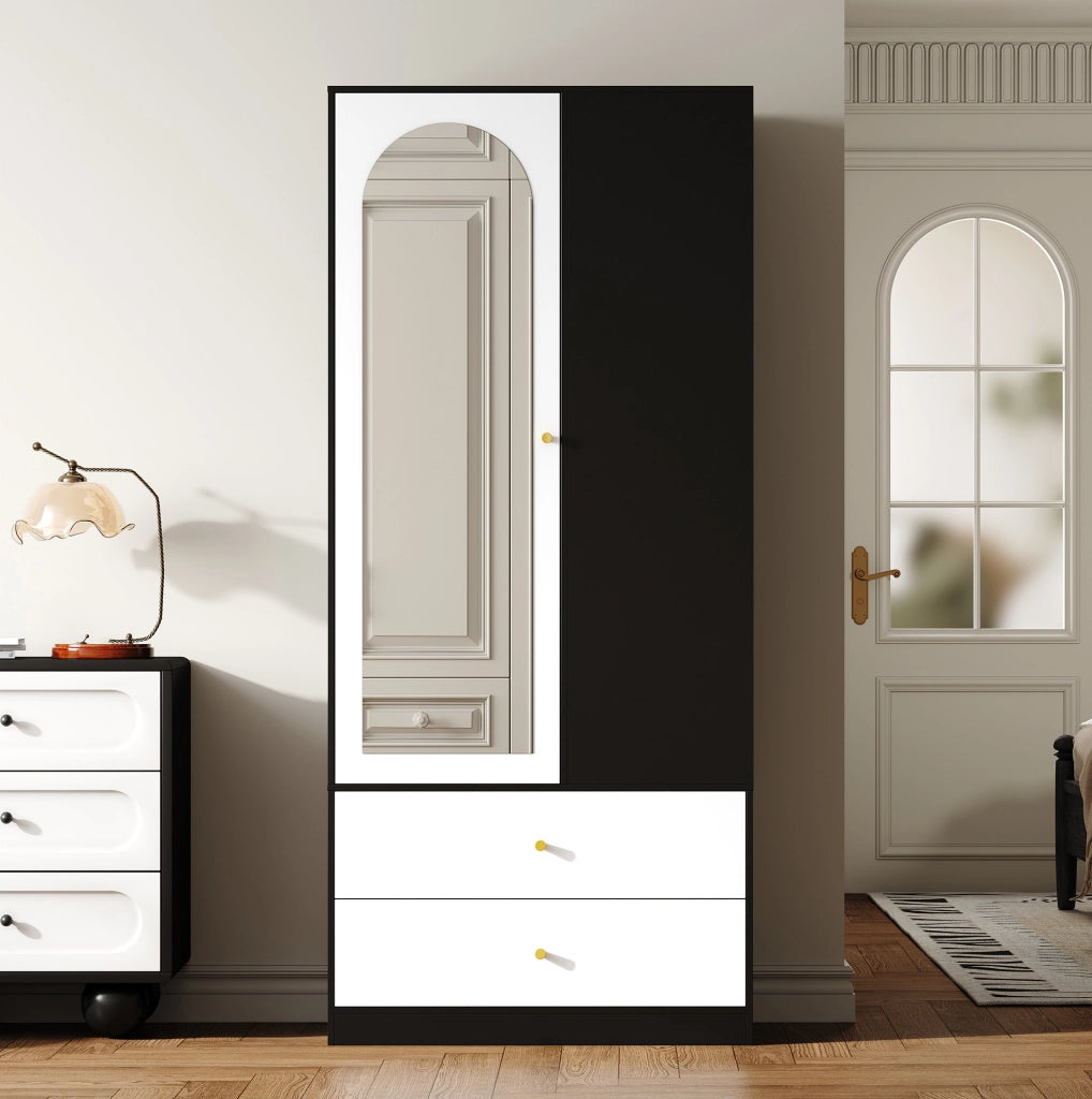 Armadio 1 anta con specchio 80x40x180 cm; 2 cassetti e 4 vani bianco e nero HOMVRA