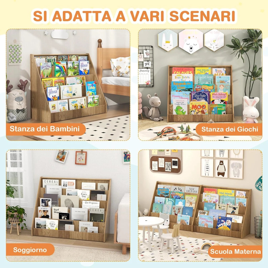 Libreria Montessoriana per Bambini a 5 Livelli Espositivi
Scaffali in Legno con Vano Nascosto Retro e Antiribaltamento, per Cameretta, Soggiorno e Asilo Nido, 91 x 38 x 76,5 cm