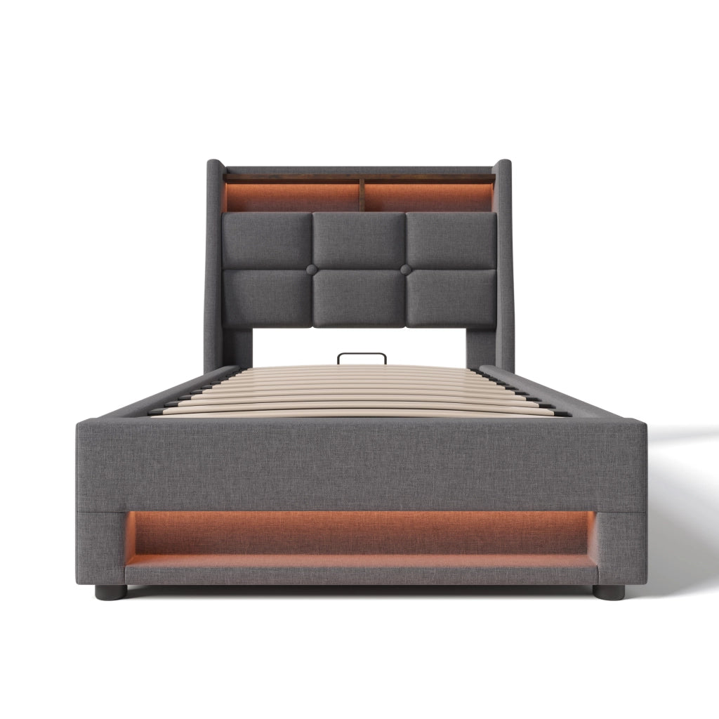 Letto contenitore singolo 90×200 cm con USB; LED e rete sollevabile; materasso incluso; lino; grigio