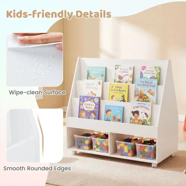 Libreria per bambini a doppio lato su ruote con lavagna e cubi aperti in MDF bianco salvaspazio 90 x 45,5 x 87 cm
