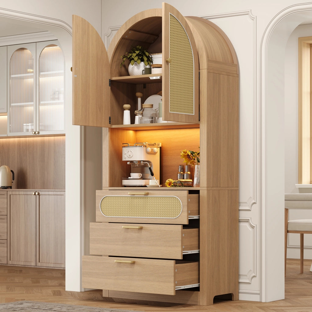 Mobile contenitore con ante in rattan e LED 80x35x180 cm, rovere chiaro