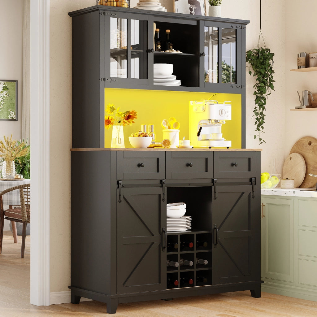Credenza alta vetrina da cucina LED con 3 ripiani regolabili e portabottiglie, in MDF nero, 105 × 38.4 × 180 cm