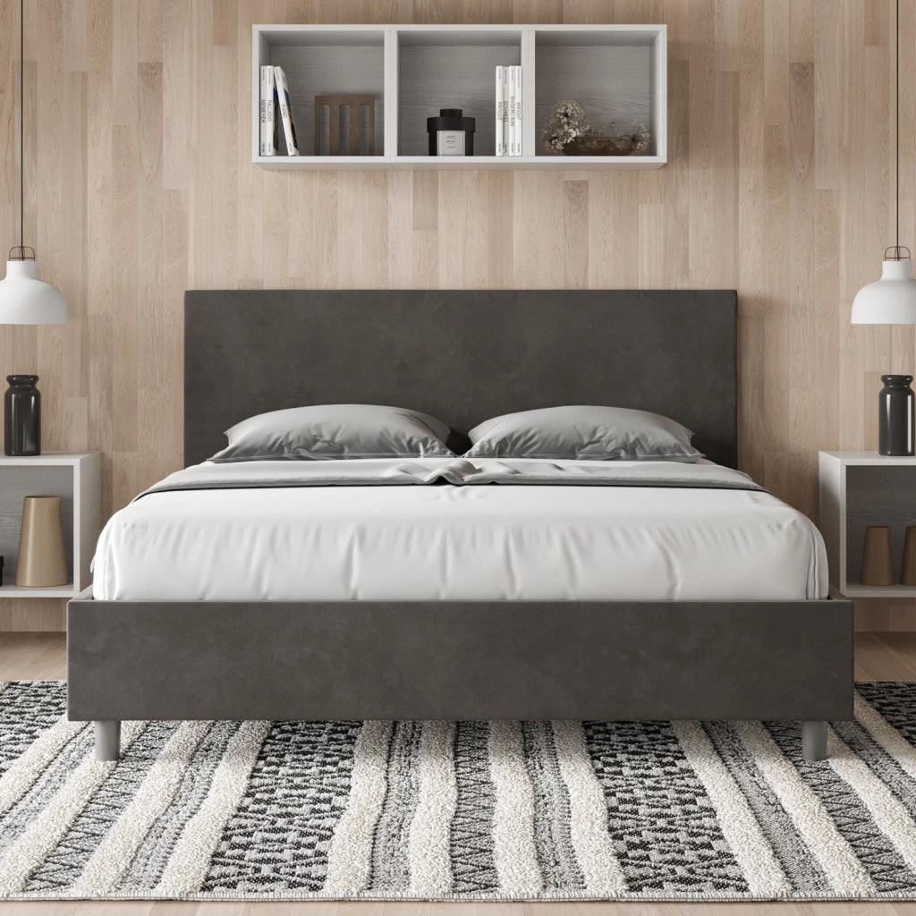 BS COM Letto matrimoniale con rete imbottito 160x210 microfibra grigio