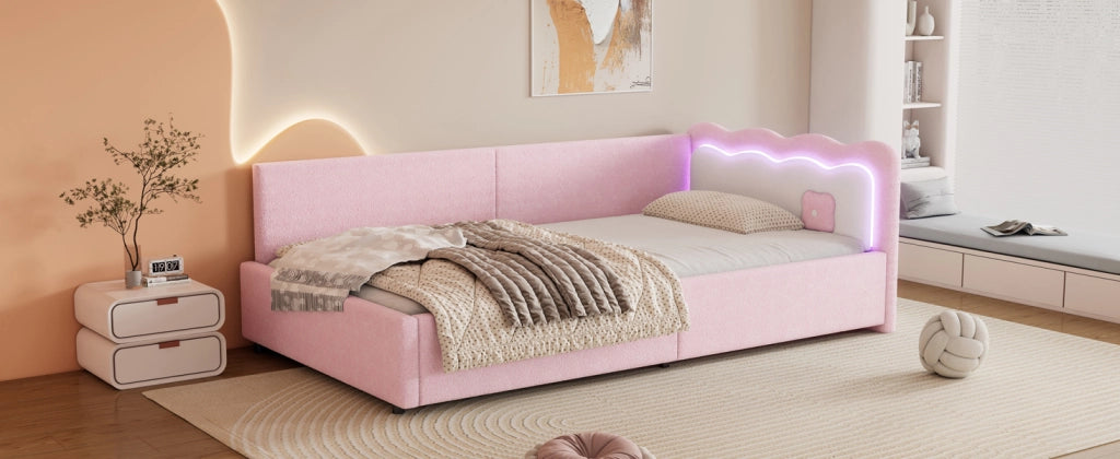 Letto singolo daybed 90 ¡Á 200 cm con rete a doghe LED regolabile in MDF e rivestimento rosa
