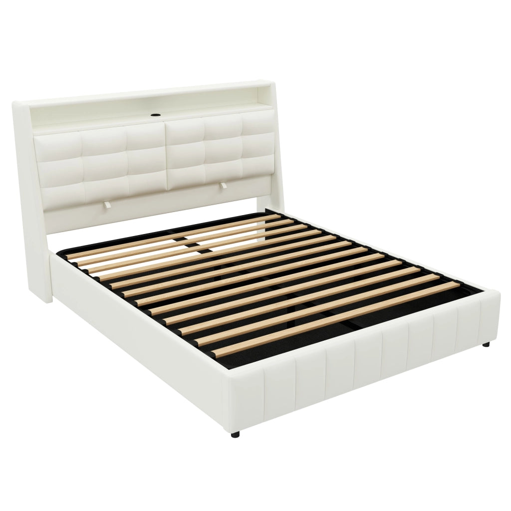 Letto contenitore 160 × 200 cm con LED a 7 colori USB testiera regolabile imbottita in PU MDF e compensato bianco