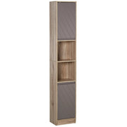 Mobiletto Salvaspazio per Bagno in Legno, Mobile da Bagno con 2 Armadietti e Ripiani Regolabili, Design a Colonna, 30x24x170 cm, Grigio e Rovere