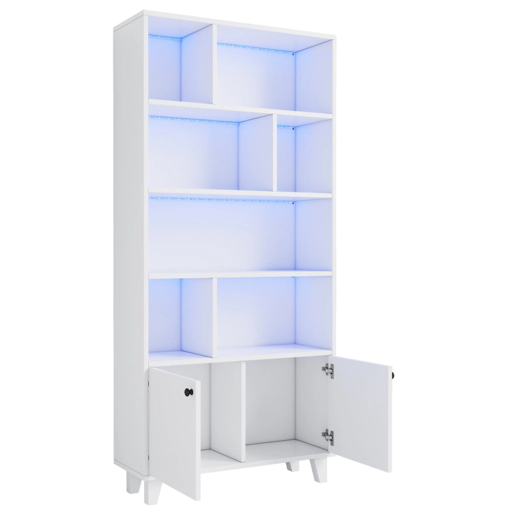 Libreria bianca 80x30x173 cm con ripiani multipli, gambe in legno massello, porte doppie e illuminazione LED con controllo app