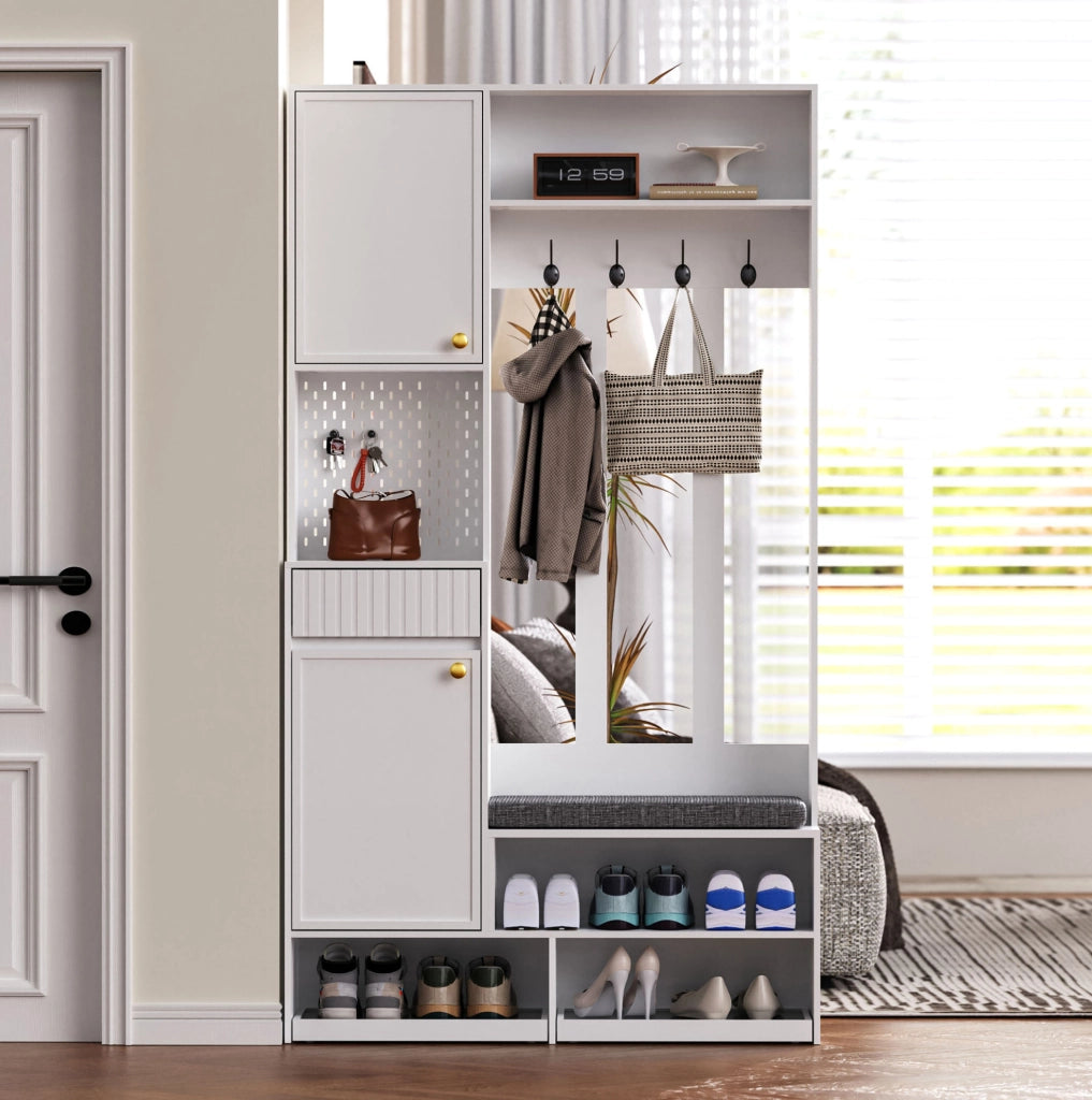 Mobile ingresso 100x35x180 cm con panca imbottita; 2 cassetti e 4 ganci in MDF bianco