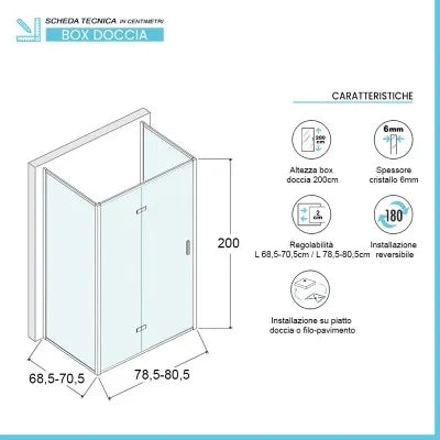 Box doccia 70x80x70 cm porta a soffietto serigrafata H 200 cm Ted