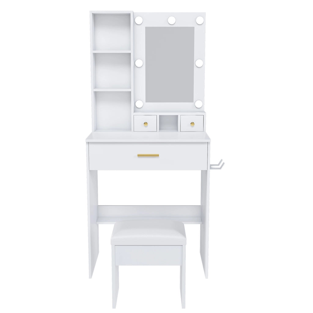 Toeletta bianca in MDF con specchio LED, presa, supporto asciugacapelli e sgabello