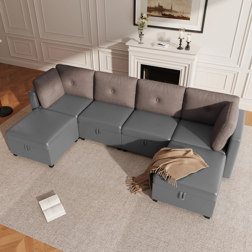 Divano modulare a U 6 posti 261 cm trasformabile in L e letto; velluto grigio antico