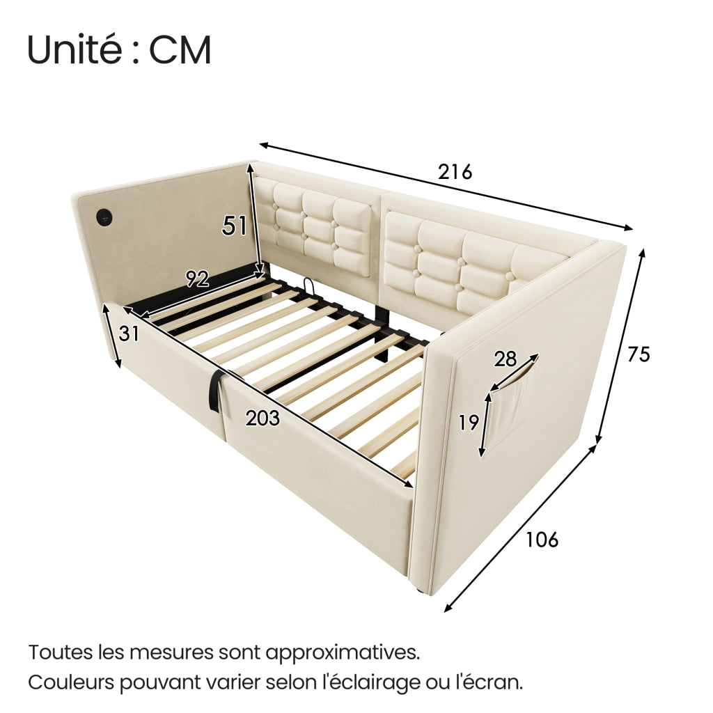 Letto divano singolo 90 × 200 cm con contenitore idraulico, USB e porta tipo C, senza materasso, velluto beige