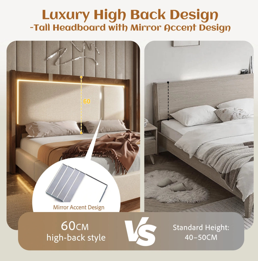 Letto matrimoniale imbottito 140x200 cm con rete a doghe, LED e contenitore, beige lino e noce, senza materasso