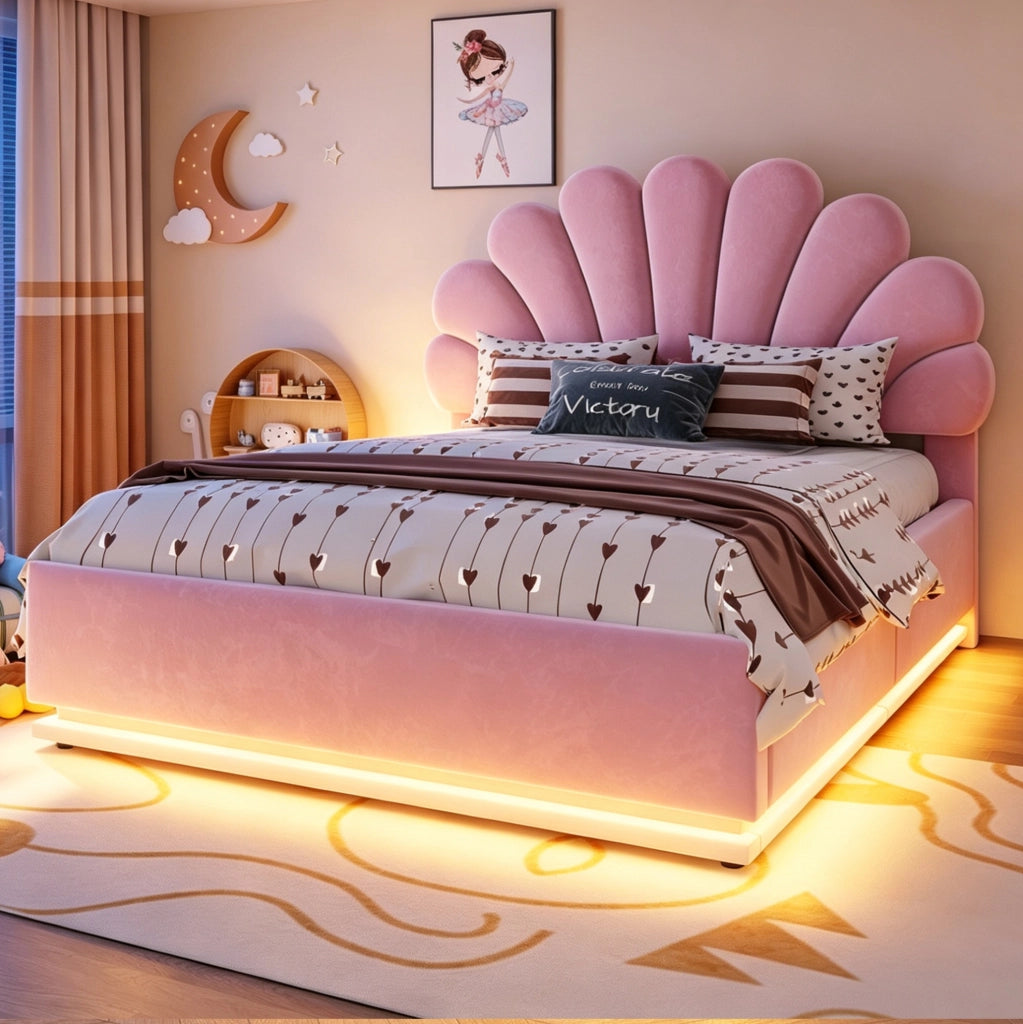 Letto imbottito 140 × 200 cm con contenitore idraulico e LED; velluto rosa