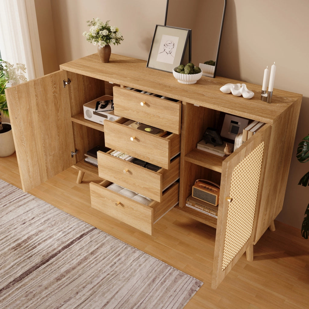 Credenza 140 cm effetto rovere chiaro con 4 cassetti e 2 ante