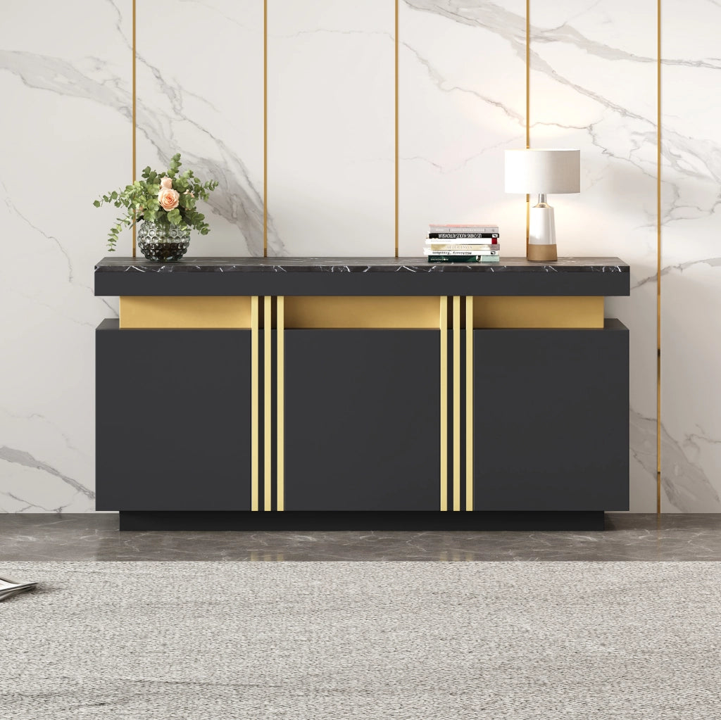 Sideboard Moderno Nero e Oro in Truciolato 140x38x70 cm con 3 Ante e Ripiani Regolabili