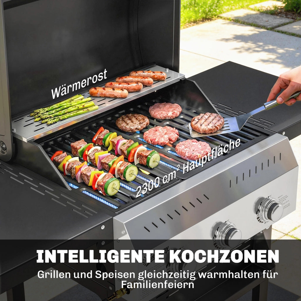 Barbecue a Gas 3 Fuochi 9 KW ¨C Xylo ¨C Acciaio Inox con Ripiano Laterale Pieghevole e Ganci