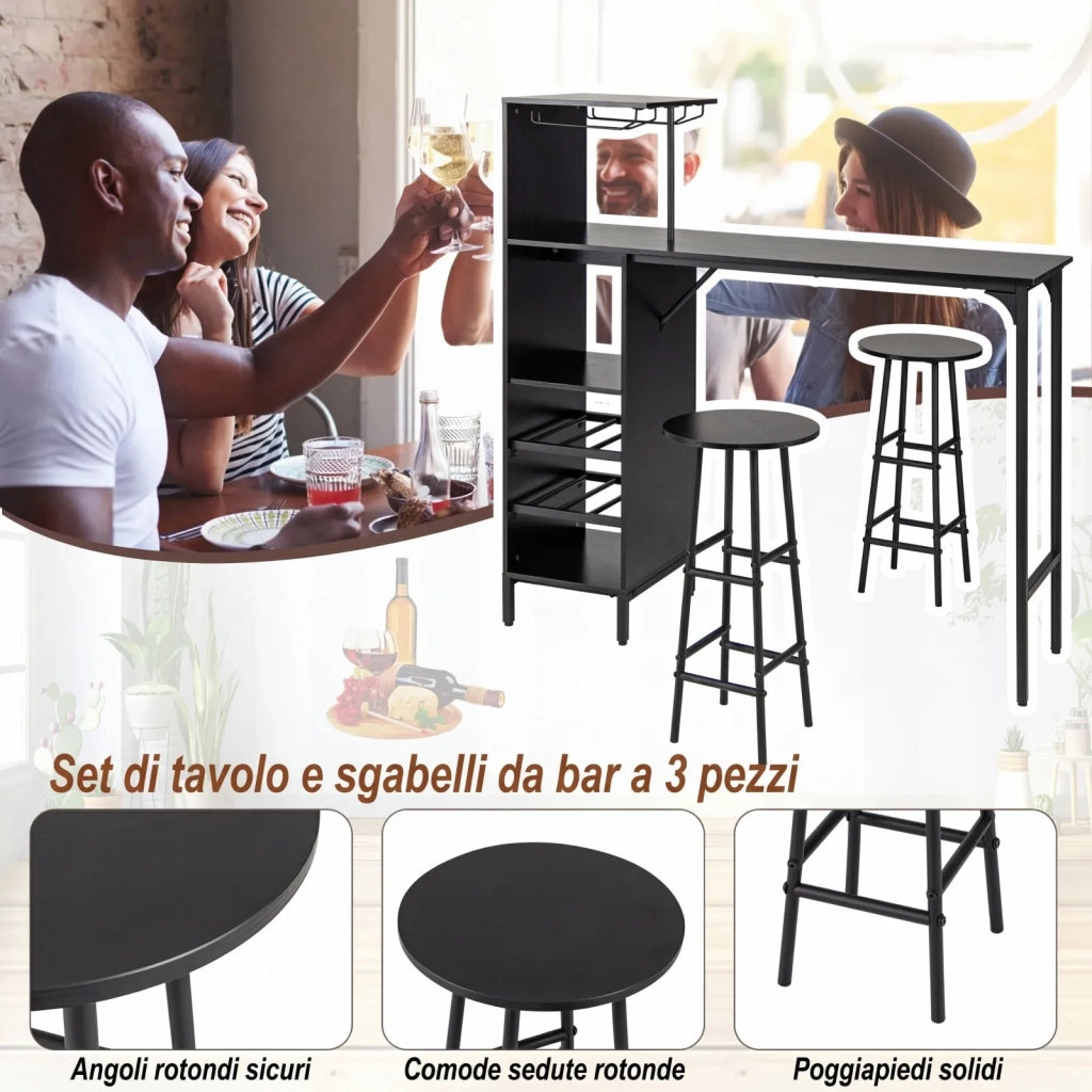 Set tavolo e sgabelli da bar 3 pezzi neri, design industriale, con portabicchieri e 6 portabottiglie, 120 cm, robusto, salvaspazio per casa
