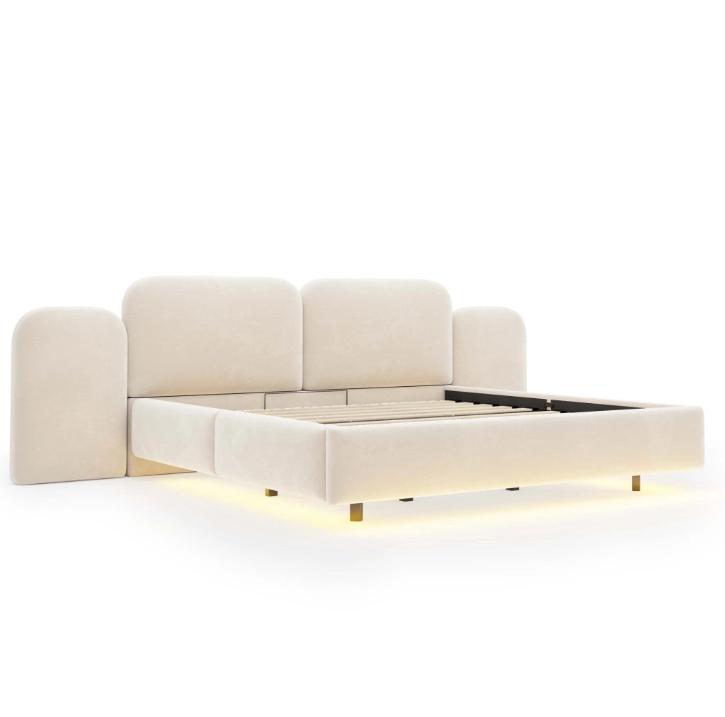 Letto matrimoniale contenitore 180x200 cm in velluto beige con LED RGB e prese USB-C HOMVRA