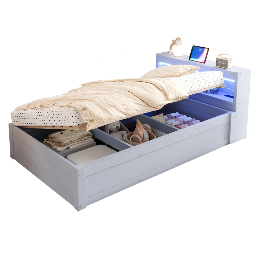 Letto singolo con contenitore 90 × 200 cm con testiera a vani; LED; presa integrata e sollevamento idraulico grigio