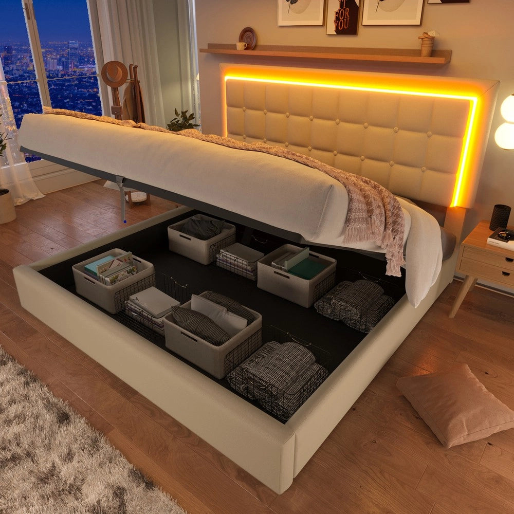 Letto Contenitore Imbottito con LED ¨C MINIMAL ¨C Similpelle Bianco 180x200