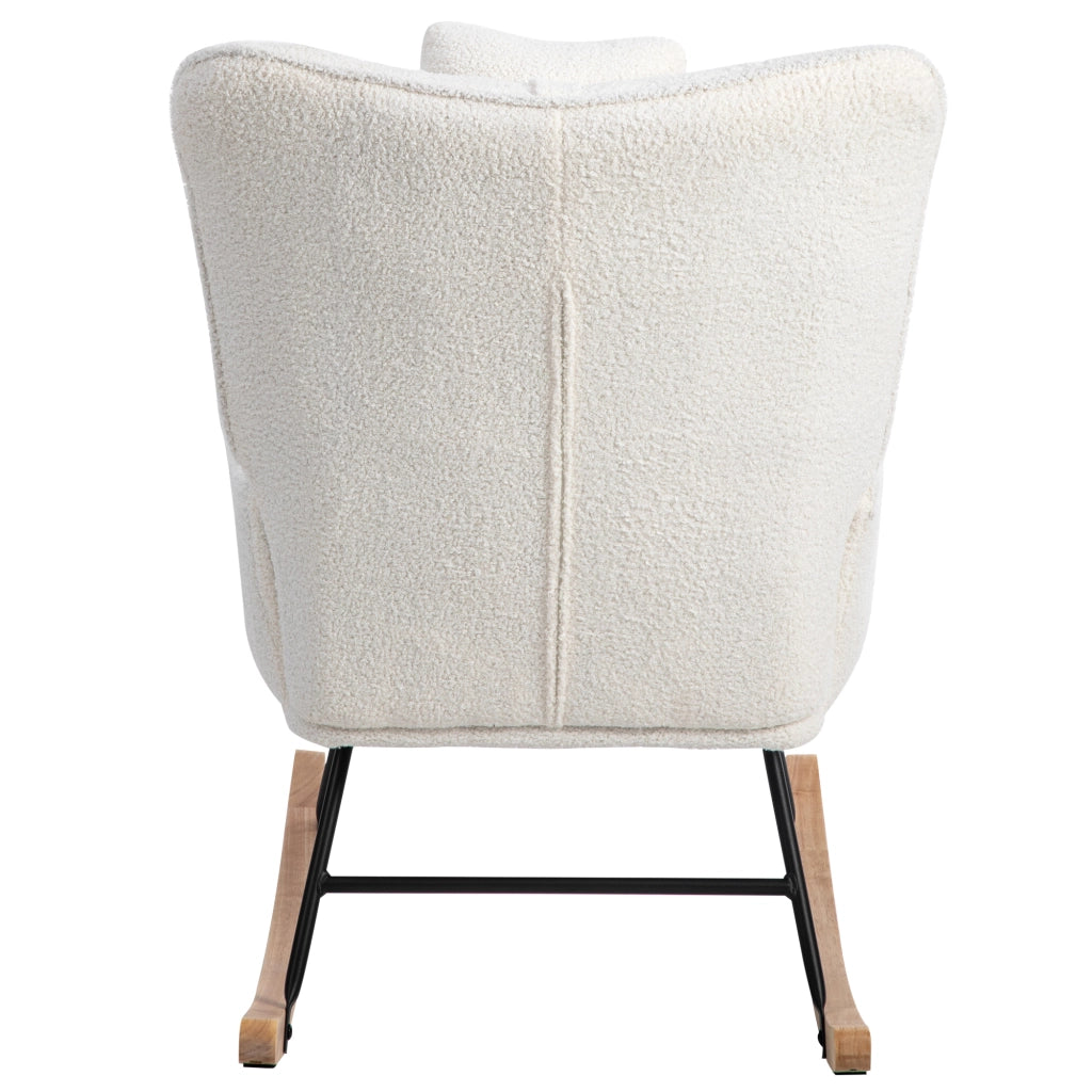 Sedia a dondolo con cuscino e poggiapiedi - struttura in legno - in bouclé bianco