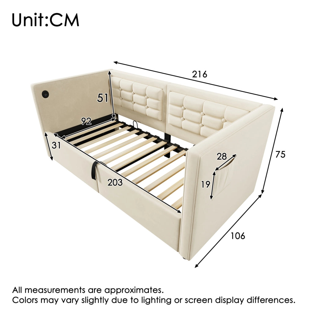 Divano letto singolo 90x200 cm con contenitore e ricarica USB-C