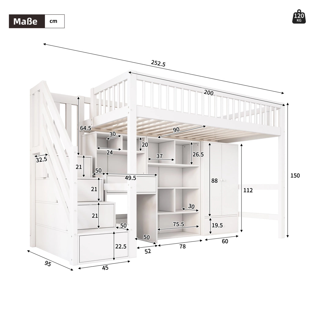 OKWISH Letto Bambino 90×200 cm, Letto Singolo con Scala Contenitore, Scrivania, Armadietti e Armadio, senza Materasso, Bianco
