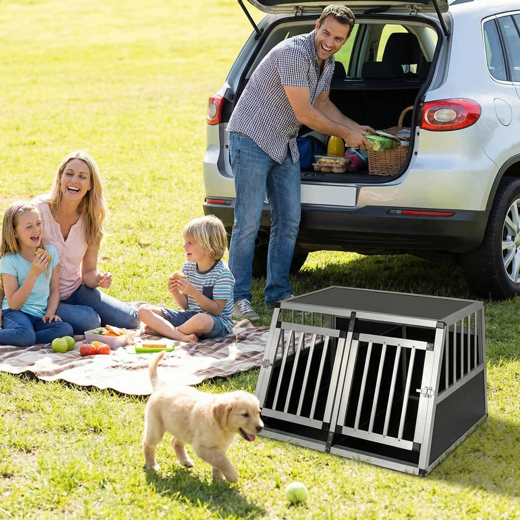 Gabbia da viaggio per cani in alluminio con porta bloccabile divisorio rimovibile e design trapezoidale, Gabbia antimorso per cuccioli di piccola taglia