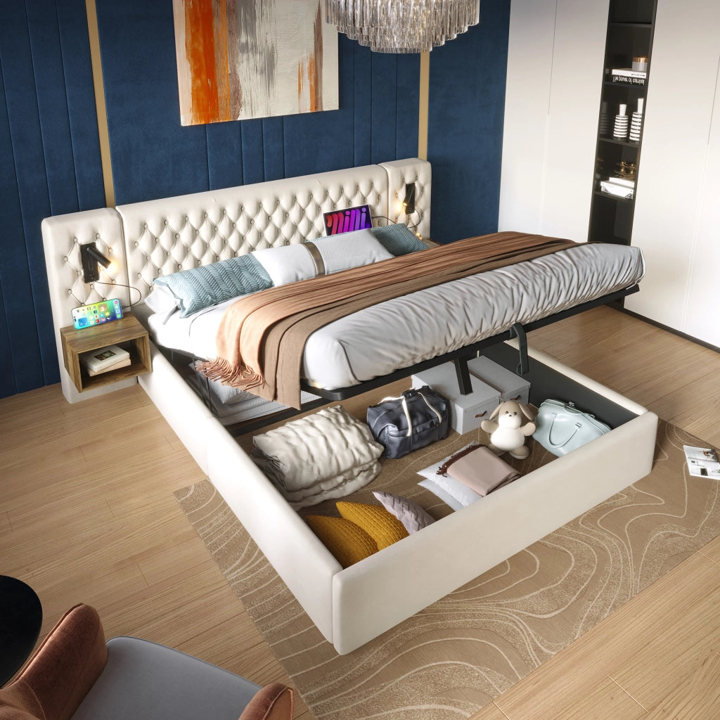 Letto matrimoniale contenitore 160×200 cm con comodini; luci da lettura; USB e Type-C; senza materasso; beige