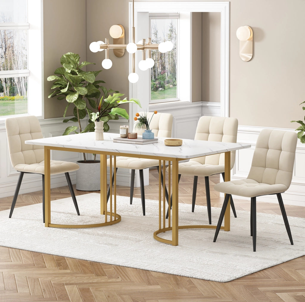 Set tavolo da pranzo 140x80 cm con 4 sedie in velluto; piano MDF bianco effetto marmo
