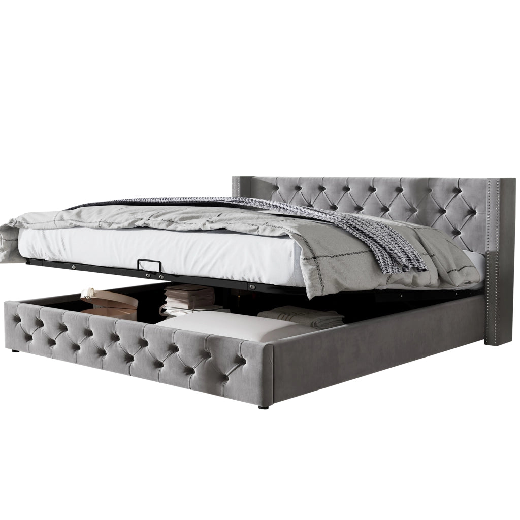 Letto matrimoniale contenitore 180 × 200 cm in velluto grigio con sollevamento idraulico, senza materasso