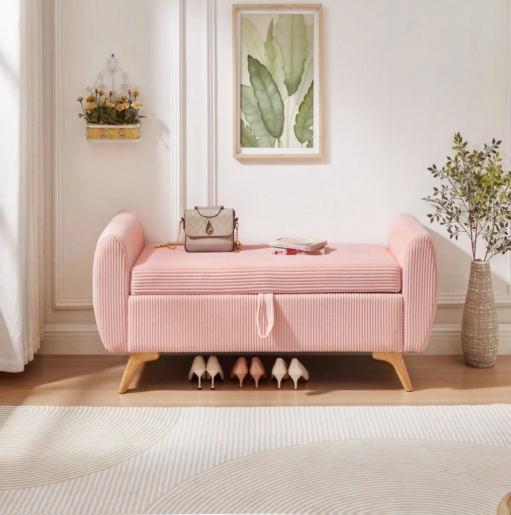Panca pieghevole con vano contenitore in velluto a coste rosa e gambe in legno